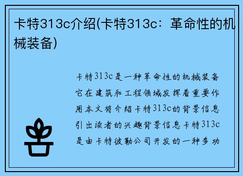 卡特313c介绍(卡特313c：革命性的机械装备)